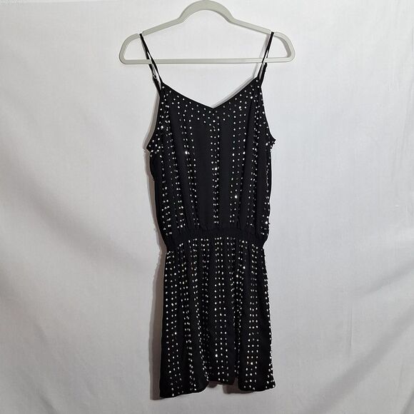 Black Mini Beaded Spaghetti Strap Dress Medium Goth Rock Punk Metal Slouchy Y2K - Picture 3 of 12